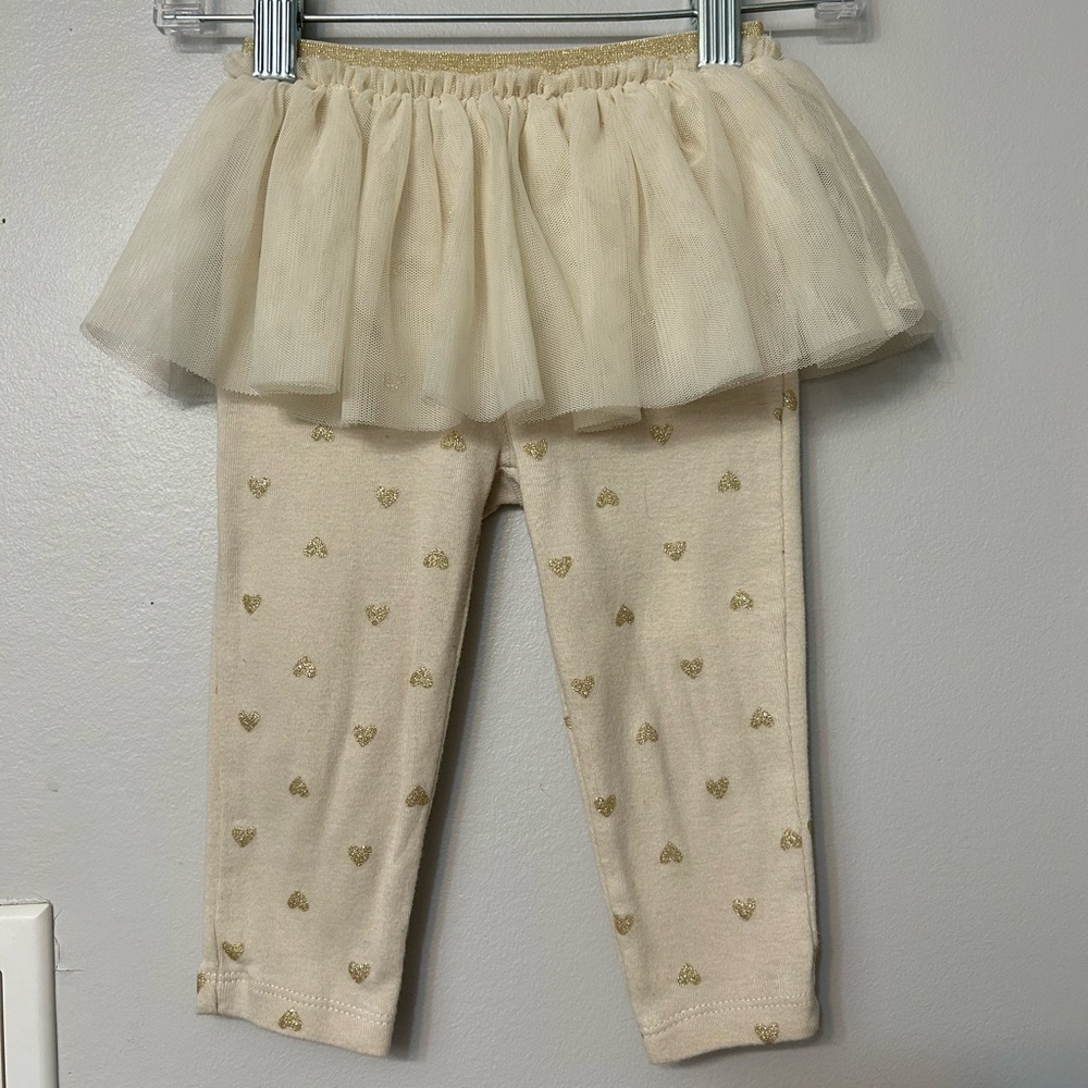 BOGO Carter’s Cream and gold leggings with tulle skirt overlay. Size 12m In GUC